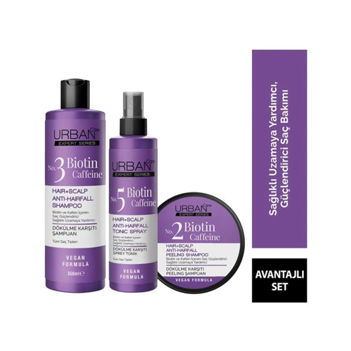 Urban Care Expert Biotin ve Kafein Dökülme Karşıtı Peeling Şampuan Tonik 3lü Set-vegan